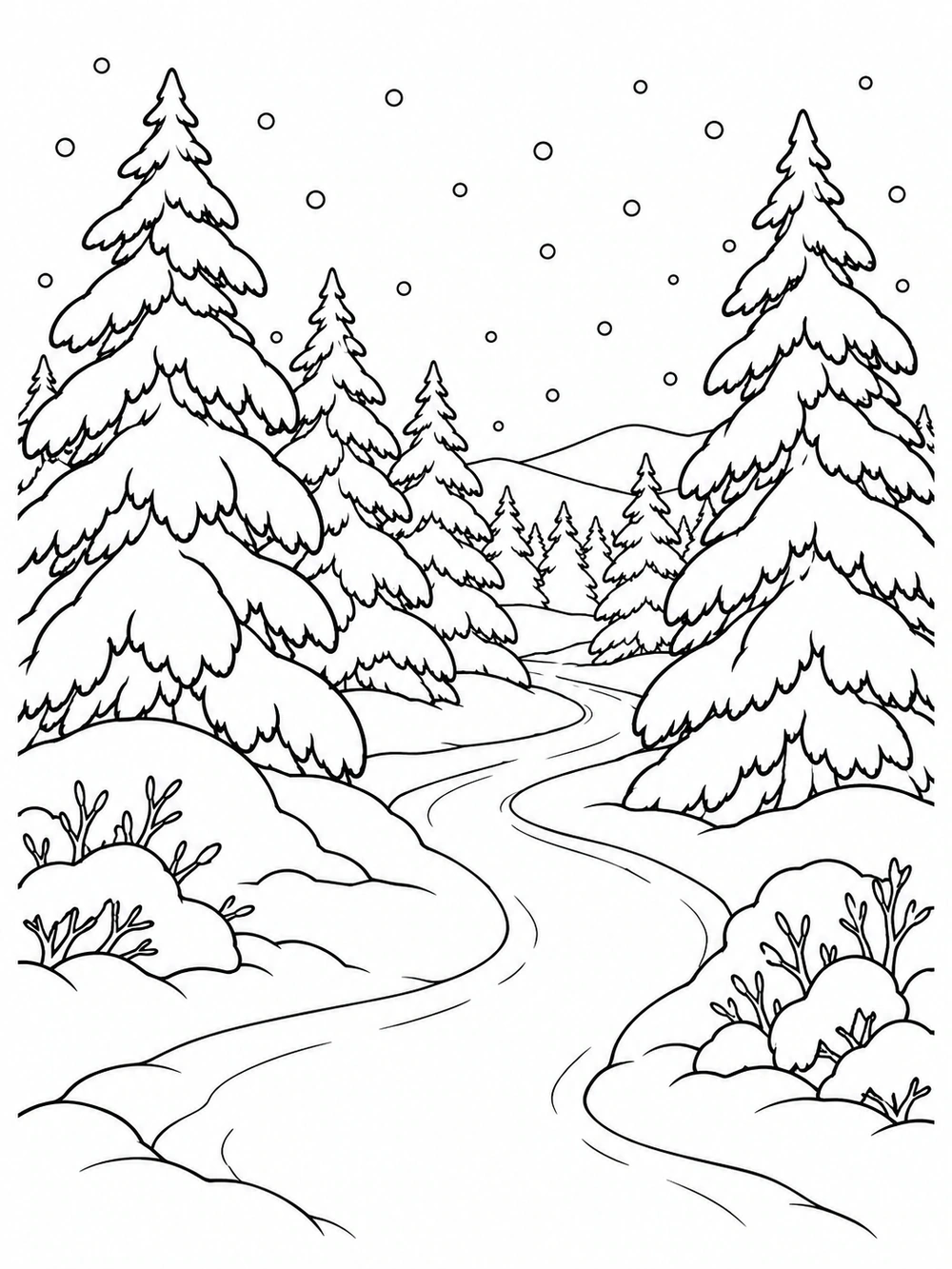 Black-and-white coloring page showing a winding path between snow-laden pine trees, with a foreground clearing and snowflakes overhead.