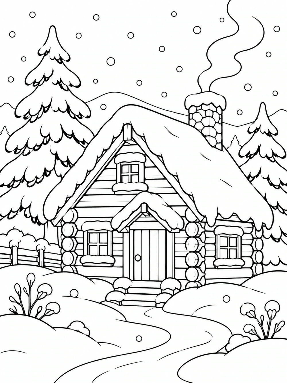 A detailed log cabin with a steep snow-covered roof, stone chimney, front door, frosted evergreens, snowdrifts, and falling flakes in black outline on white.