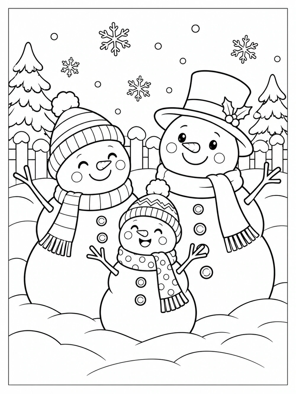 Three smiling snow people of different sizes wearing hats and scarves, surrounded by snowflakes, trees, and snowbanks