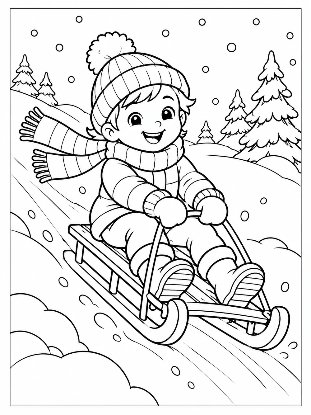 A joyful bundled-up child rides a wooden sled down a snowy hill, surrounded by pine trees and falling snowflakes.