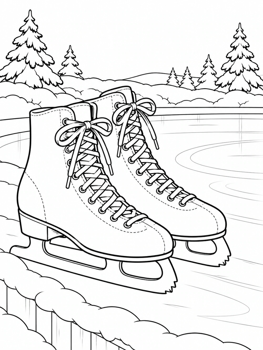 Pair of laced ice skates with blades on a rink, framed by snowbanks and evergreen trees