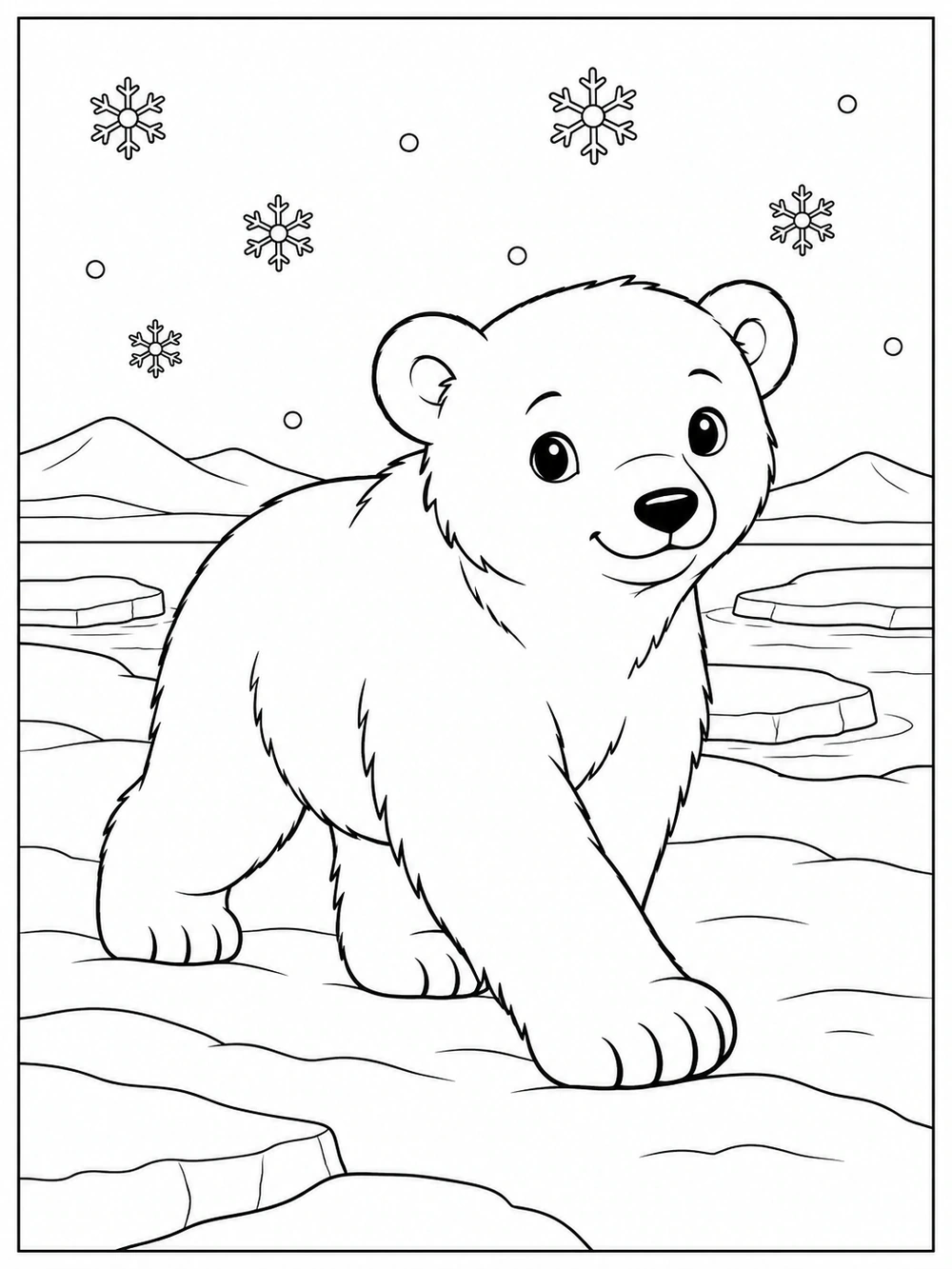 A friendly polar bear cub walks through snow among ice floes and distant hills, with snowflakes overhead.