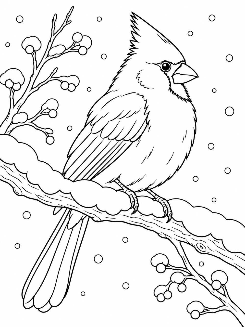 Large cardinal with clear feather lines perched on a snow-covered branch, with bare winter twigs and scattered snowflakes.