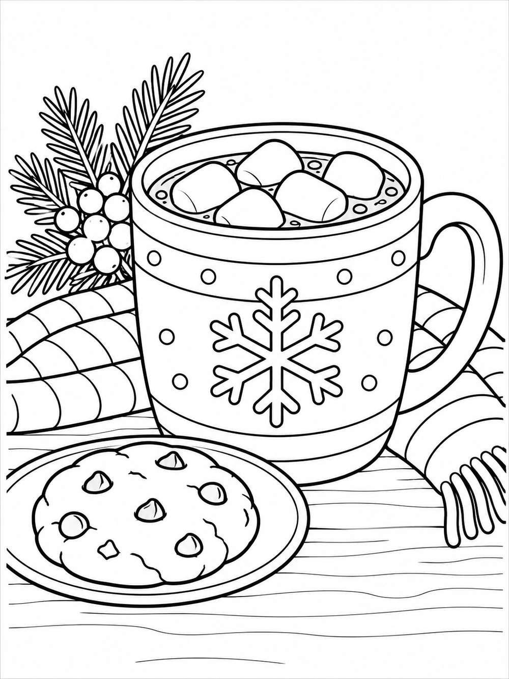 Large mug of hot cocoa with marshmallows and a snowflake design, with a cookie on a plate beside it; evergreen sprigs and a striped cloth add winter detail.