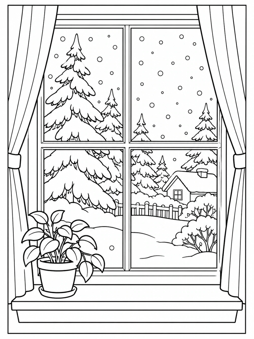 Portrait coloring page showing a large curtained window with divided panes, snowy pine trees, a distant house, falling snow, and a potted plant on the sill.