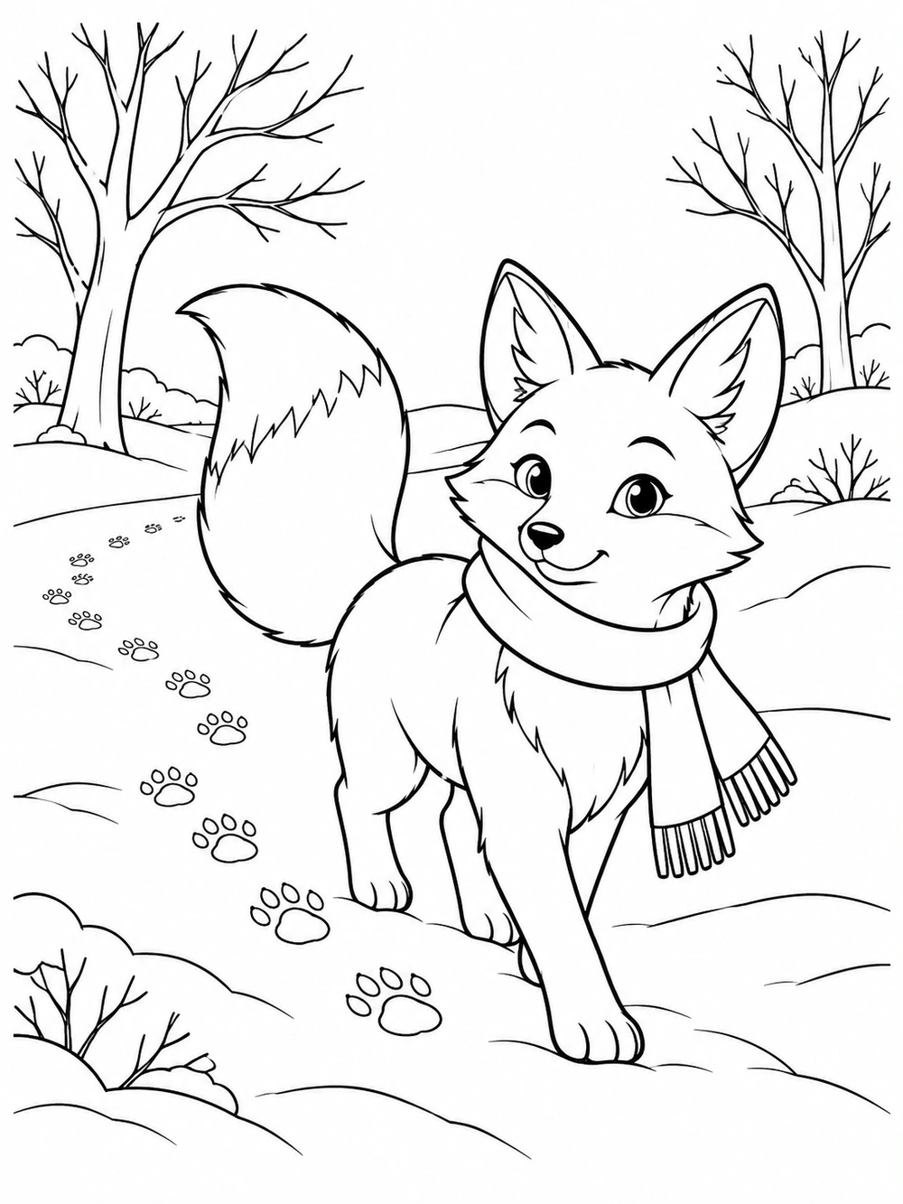 A friendly scarf-wearing fox walks through snowy woods, following a curved trail of pawprints between bare winter trees.