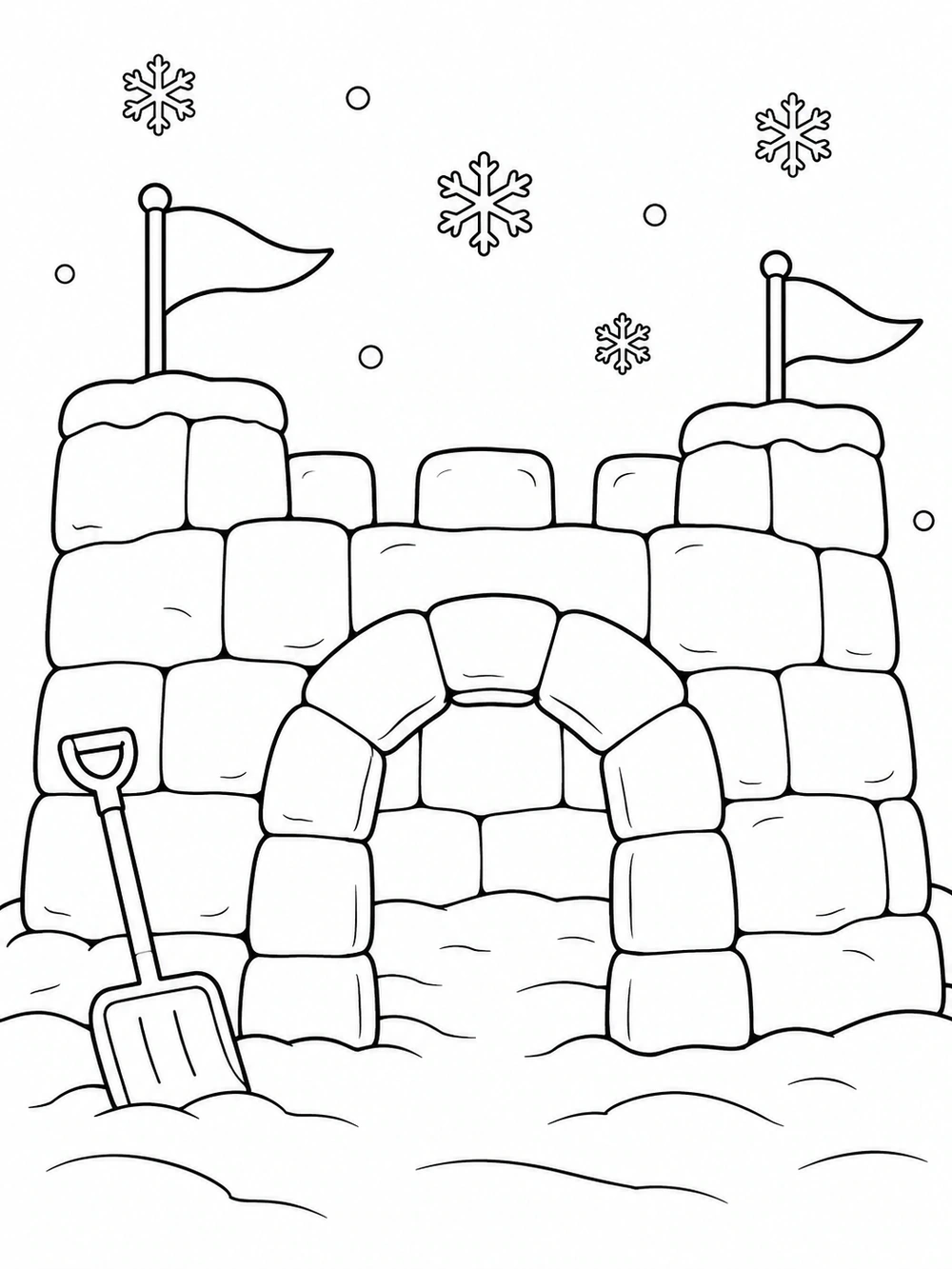 Snow fort made of large blocks, with an arched entrance, two flags, a leaning shovel, and scattered snowflakes.