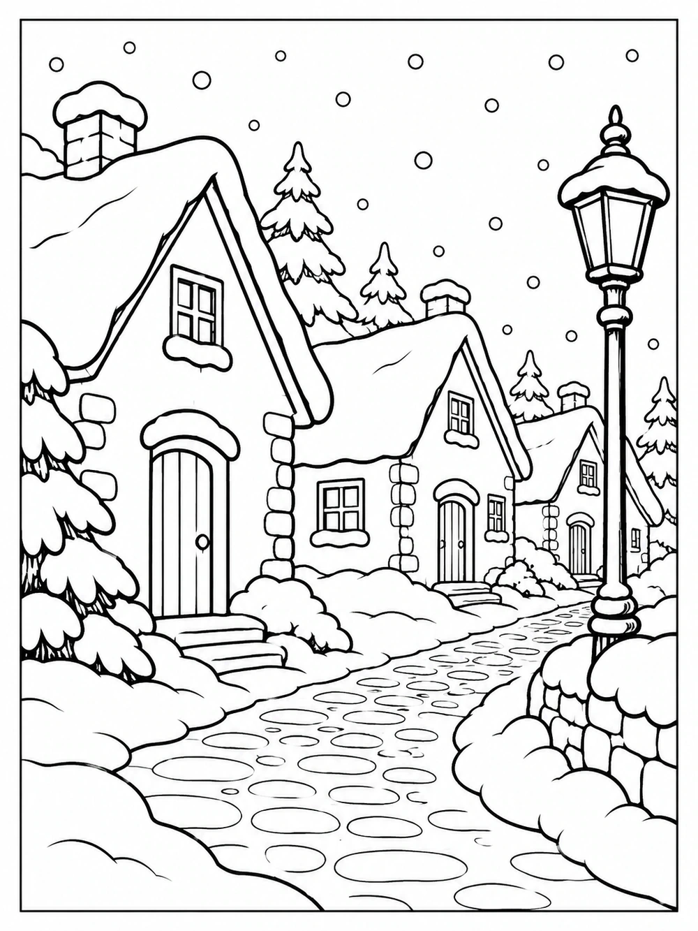 Three snow-covered cottages recede along a village street beside an old-fashioned lamppost, with snowbanks and falling flakes.