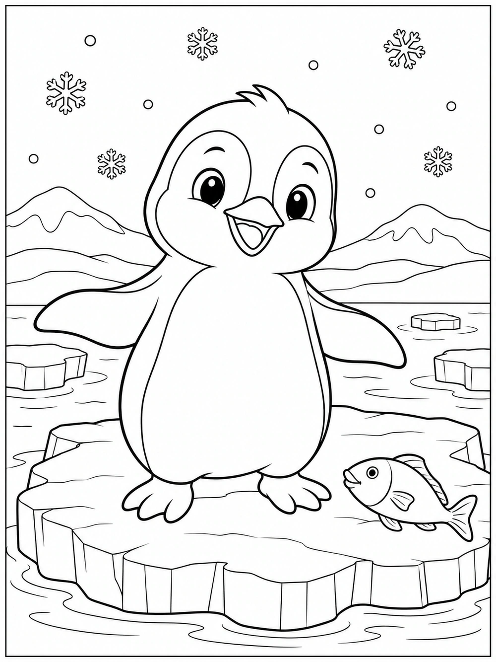 Cheerful penguin and small fish on a broad ice floe, with snowy hills and falling snowflakes