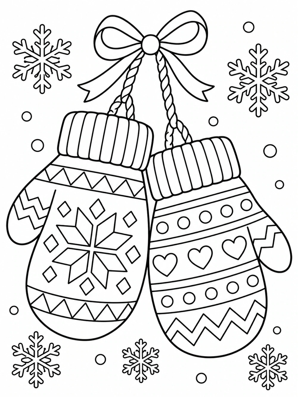 Two large hanging mittens with distinct geometric patterns, braided loops, and surrounding snowflakes