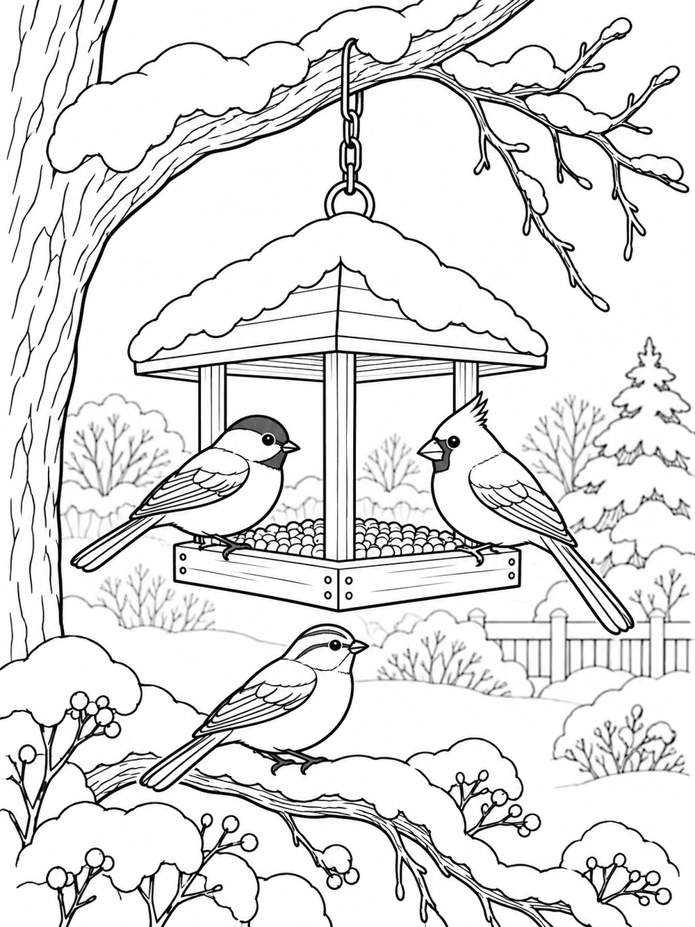 Three outlined birds at a hanging feeder beneath a snow-covered branch, with shrubs in the garden behind them