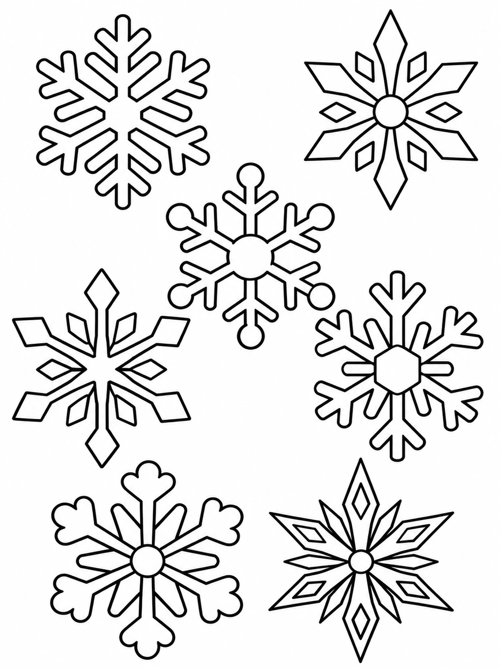 Seven large, varied snowflakes arranged with balanced spacing on a white page.