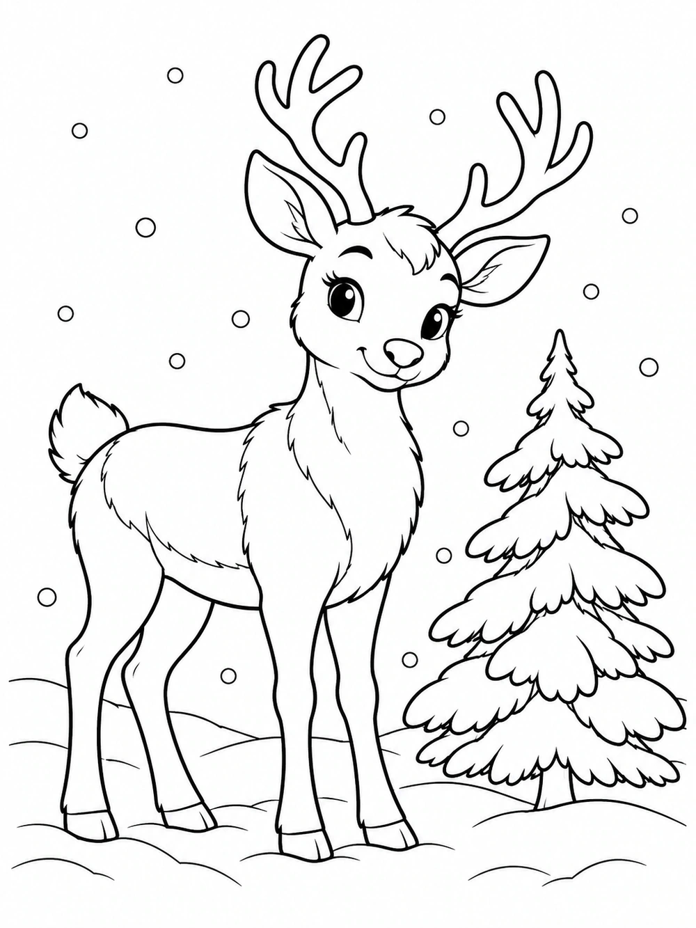 A wide-eyed young reindeer with branching antlers stands beside a snow-covered evergreen as flakes fall over low snowbanks.