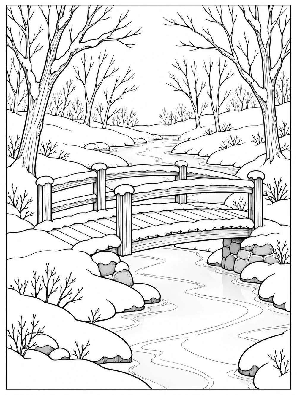 Snow-covered wooden footbridge over a frozen stream, framed by bare trees and snowy banks.