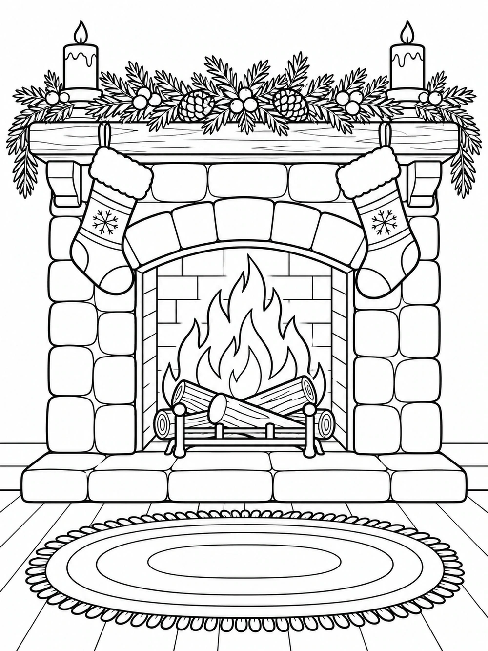 Traditional stone fireplace with a log fire, two stockings, evergreen garland, candles, and an oval rug