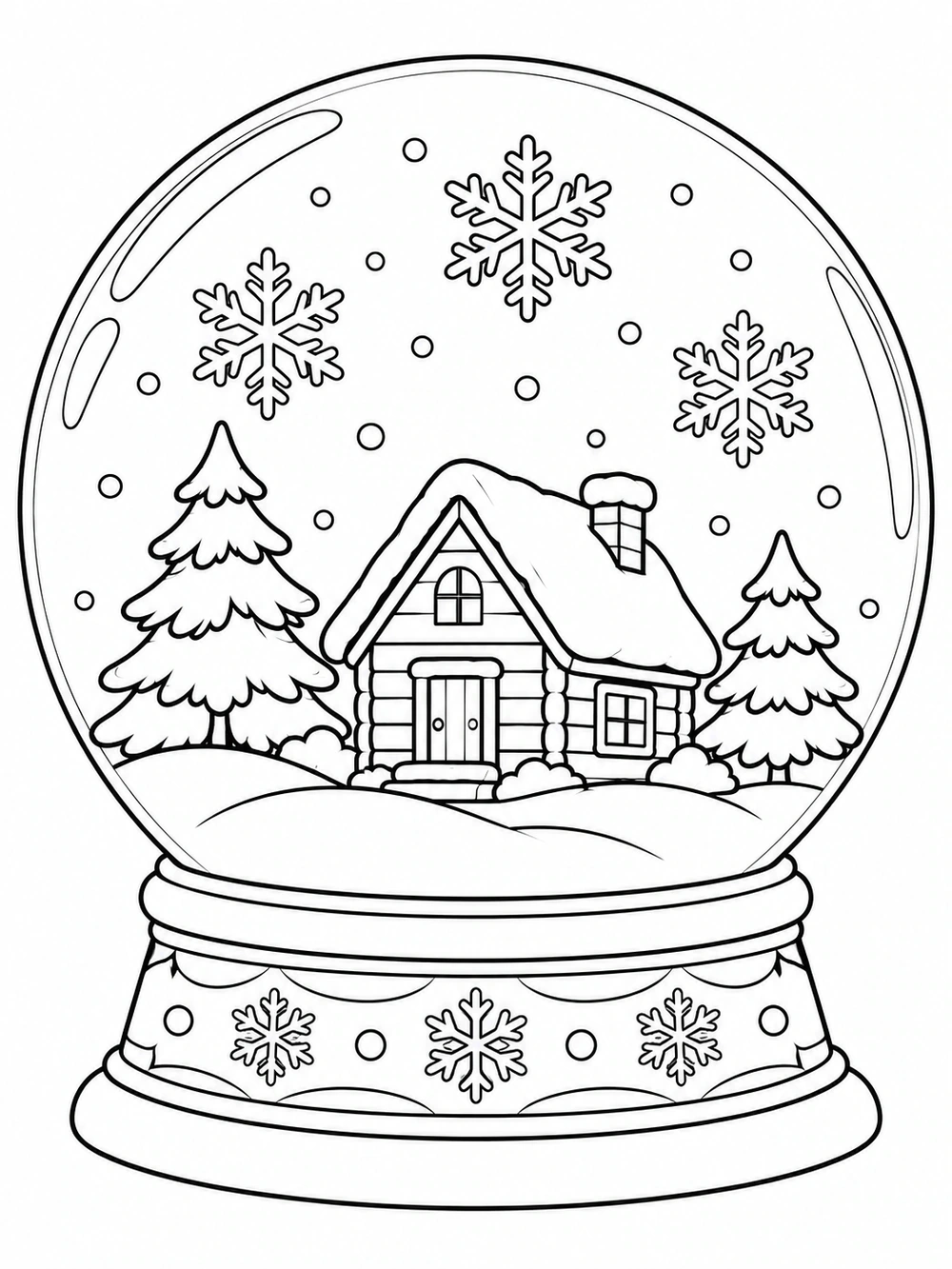 Snow globe with a snowy cabin, two pine trees, and floating snowflakes