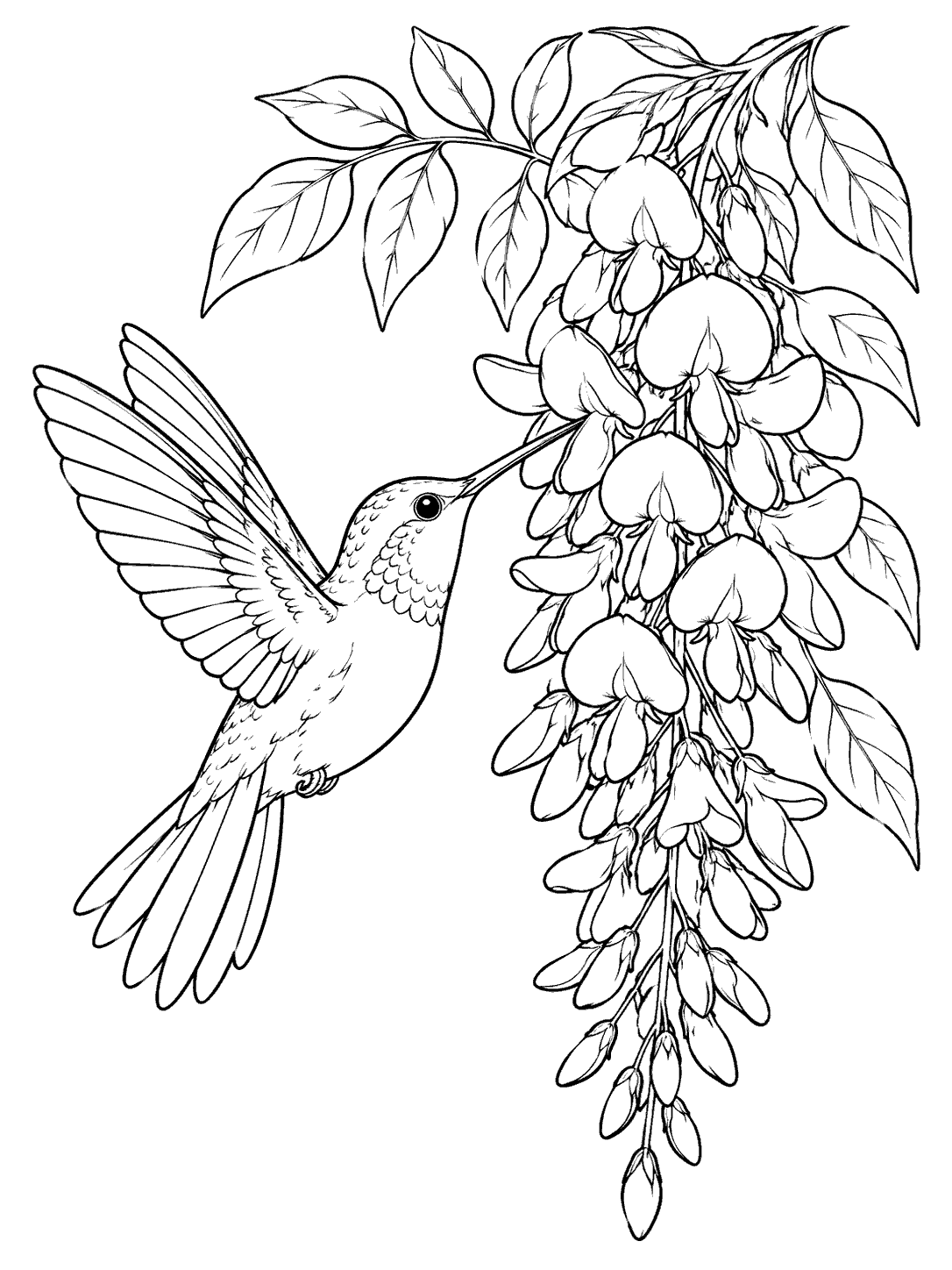Black line-art coloring page of a hummingbird with spread wings beside hanging wisteria flowers and leaves.