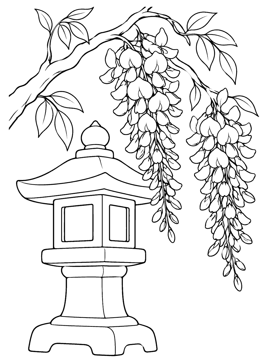 Black-and-white wisteria and stone garden lantern coloring page