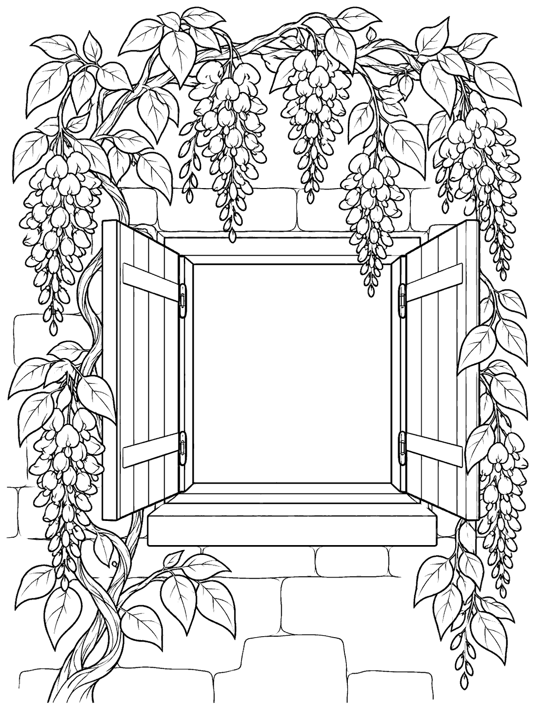 Black-and-white coloring page of a square cottage window with open shutters, framed by wisteria vines, broad leaves, and hanging flower clusters.