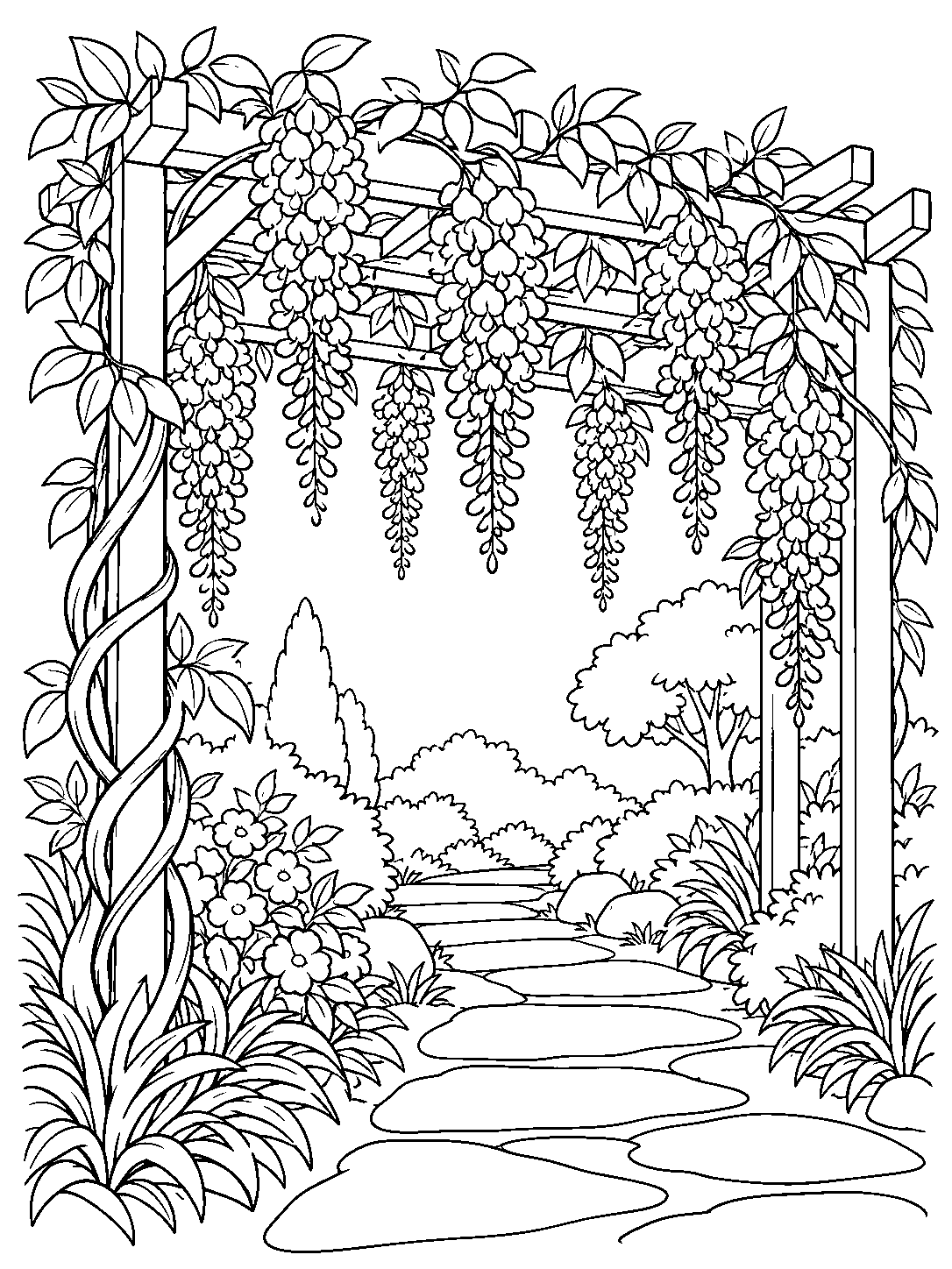 Black-and-white coloring page of a garden path beneath a wisteria-covered pergola, with hanging flower clusters, leafy borders, and stepping stones.