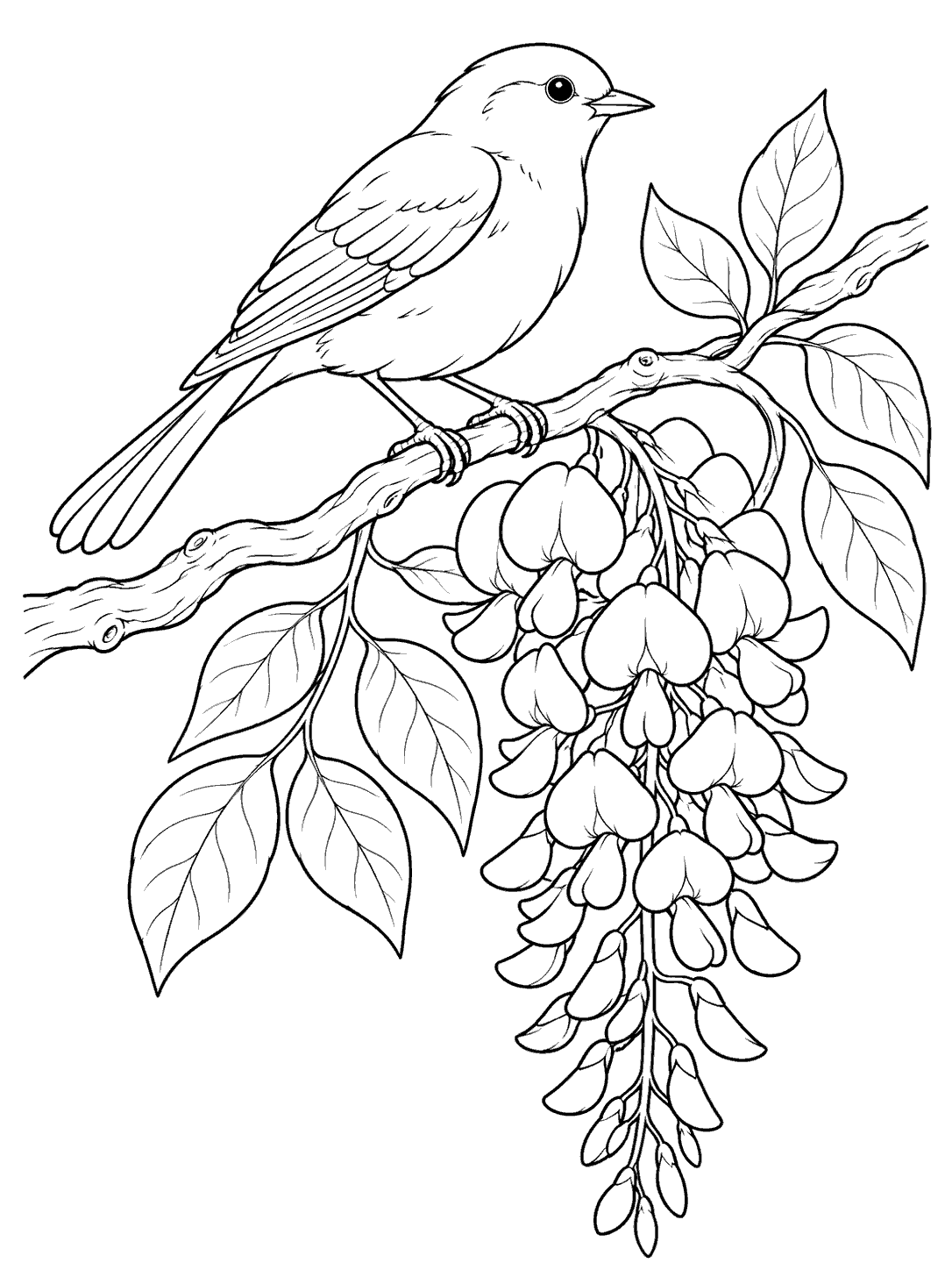 Black ink coloring page showing a songbird perched on a woody branch above a hanging wisteria flower cluster and leaves.
