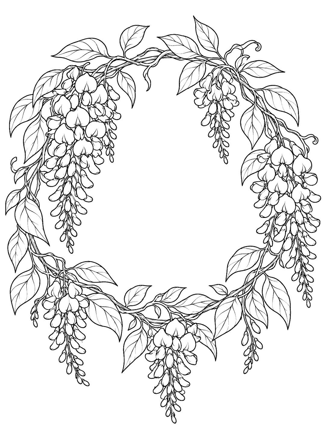 Black ink wisteria wreath coloring page with hanging flower clusters and broad leaves around an empty center.