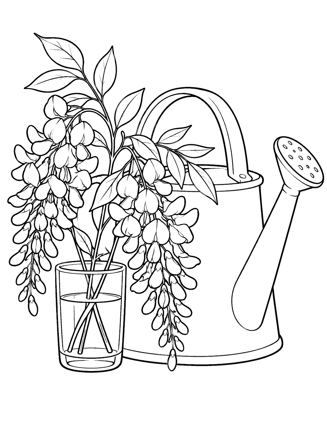 Black-and-white wisteria coloring page showing two flower clusters in a short glass beside a watering can.