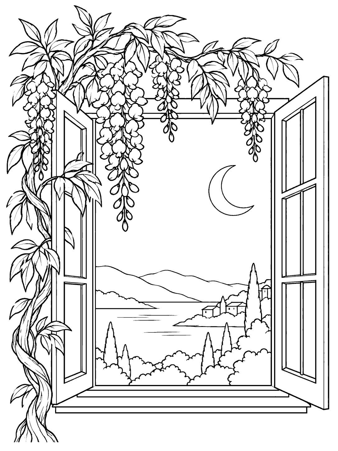 Black-outline wisteria clusters and leaves framing an open window with a crescent moon, hills, water, and trees outside.