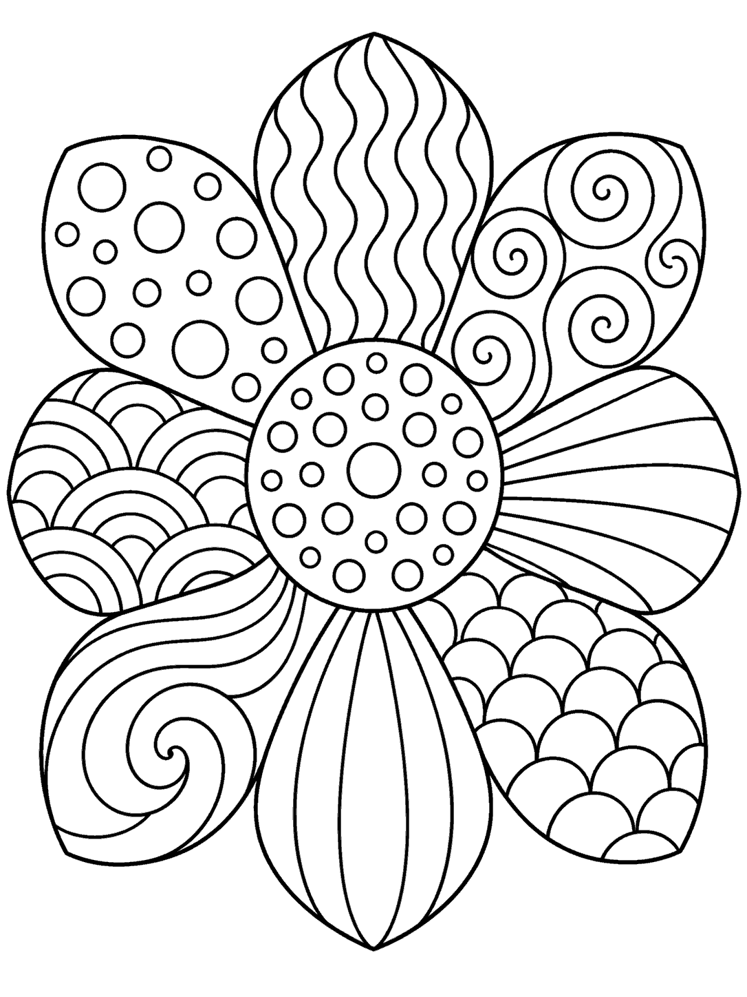 Black and white zentangle flower coloring page with a round dotted center and eight patterned petals.