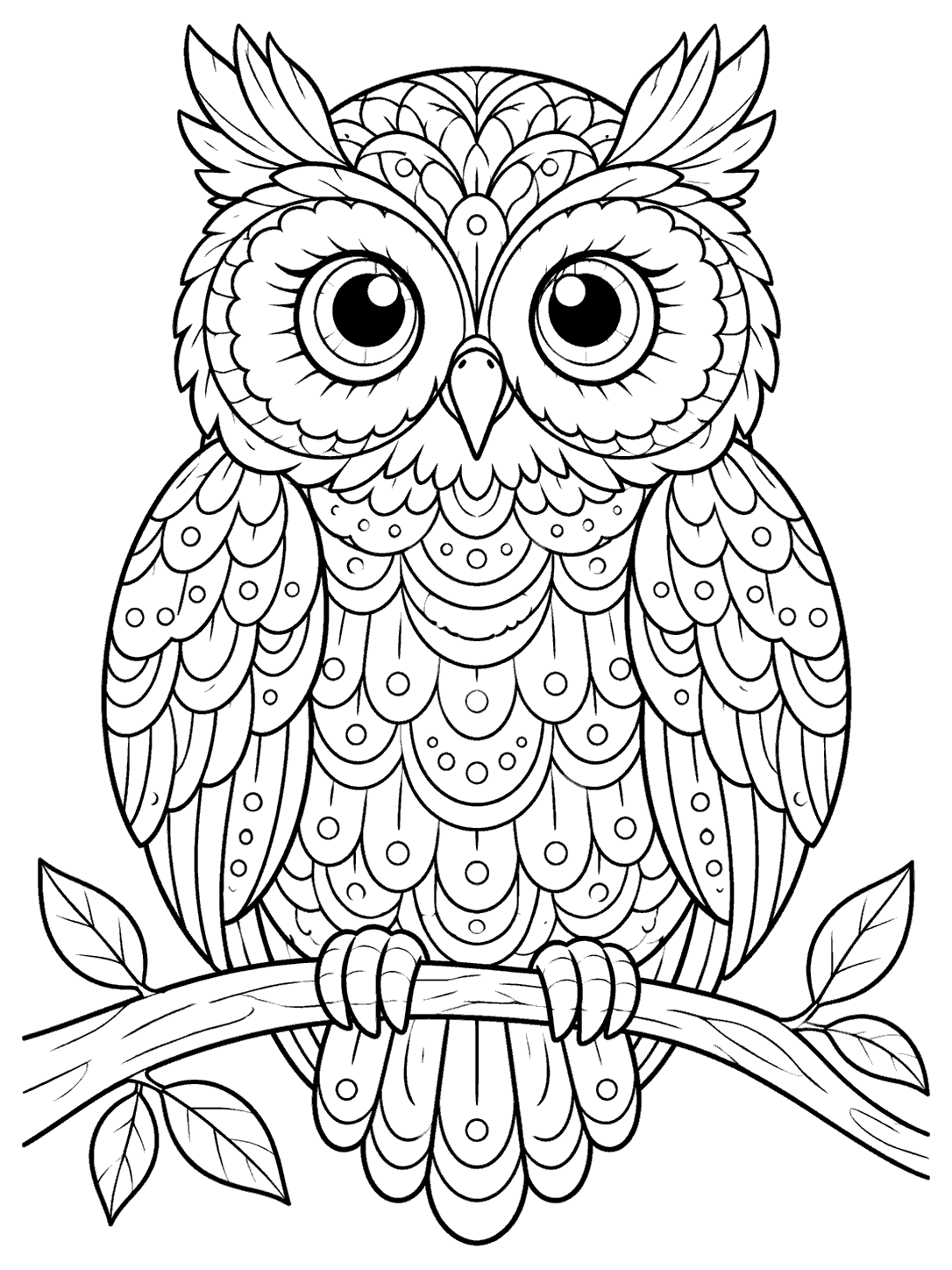 Forward-facing owl with large round eyes and patterned feathers perched on a curved leafy branch