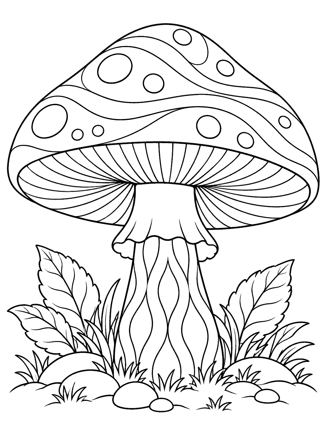 Black-and-white zentangle coloring page showing a large mushroom with visible gills, curved cap bands, open circles, a patterned stem, leaves, grass, and stones.