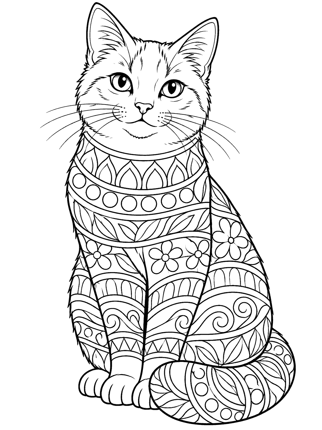 Black-and-white coloring page showing an upright cat with an open face, patterned body, and curled tail.