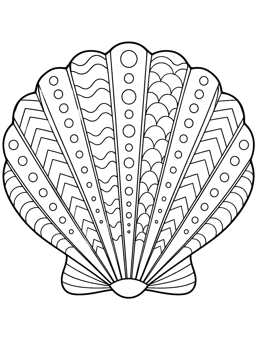 Black and white scallop seashell coloring page with radiating ribs patterned with dots, waves, scallops, and zigzags.