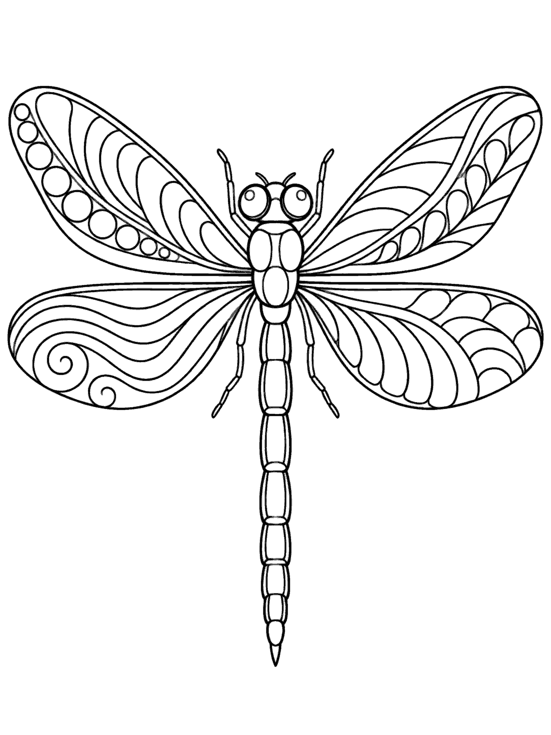 Zentangle dragonfly coloring page with four patterned wings