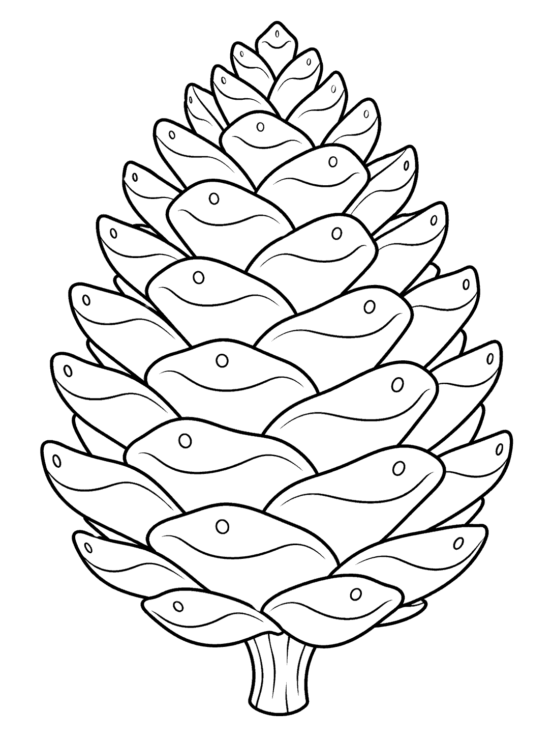 Black outline coloring page of a large upright pinecone with layered, curved scales and dot accents.
