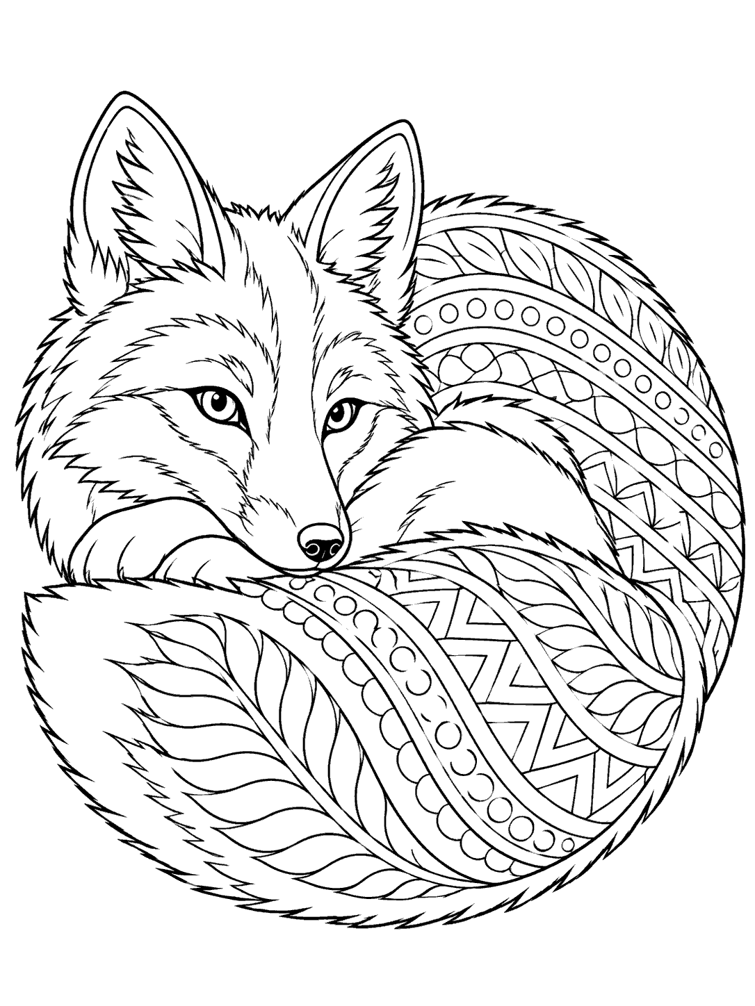 Black-and-white zentangle coloring page showing a fox curled around its patterned bushy tail, with pointed ears and a long muzzle.
