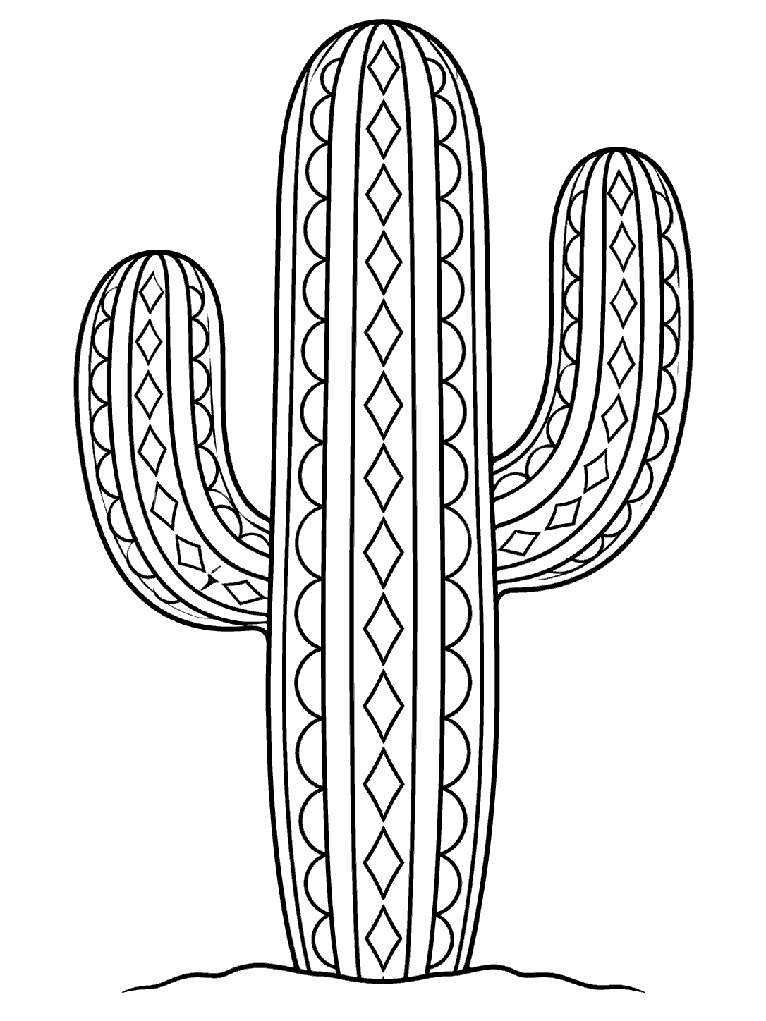 Black and white zentangle coloring page showing a tall ribbed saguaro cactus with two upward-curving patterned arms.