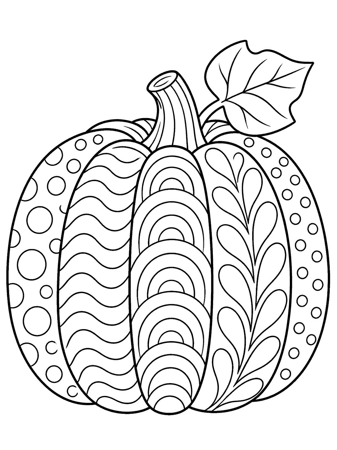 Black and white zentangle coloring page of a large pumpkin with dotted, wavy, and nested arc sections, a curved stem, and a broad leaf.