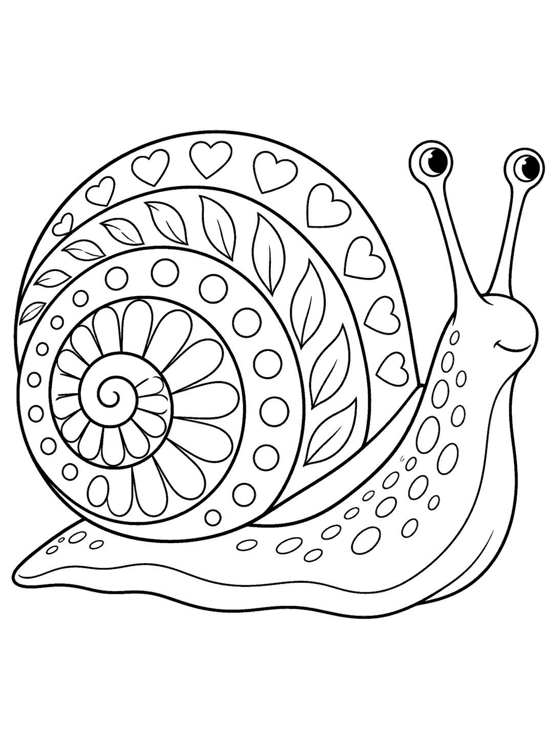 Zentangle snail coloring page with a patterned spiral shell and two tall eye stalks