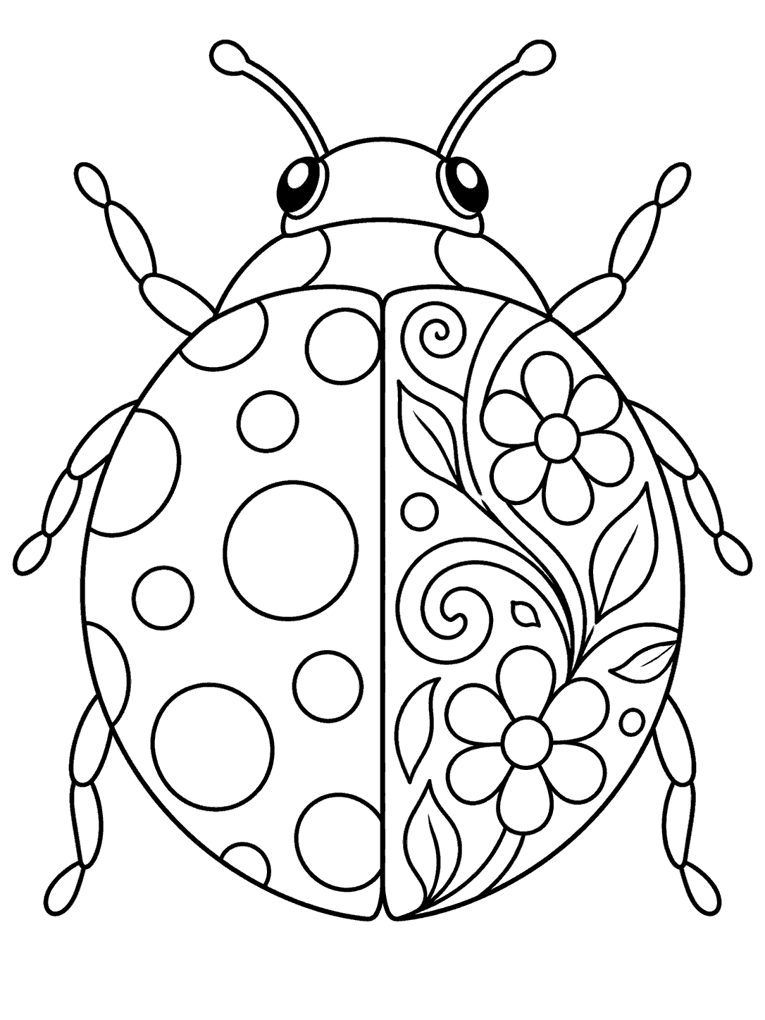 Black-and-white ladybug coloring page with spotted left wing cover and floral zentangle patterns on the right