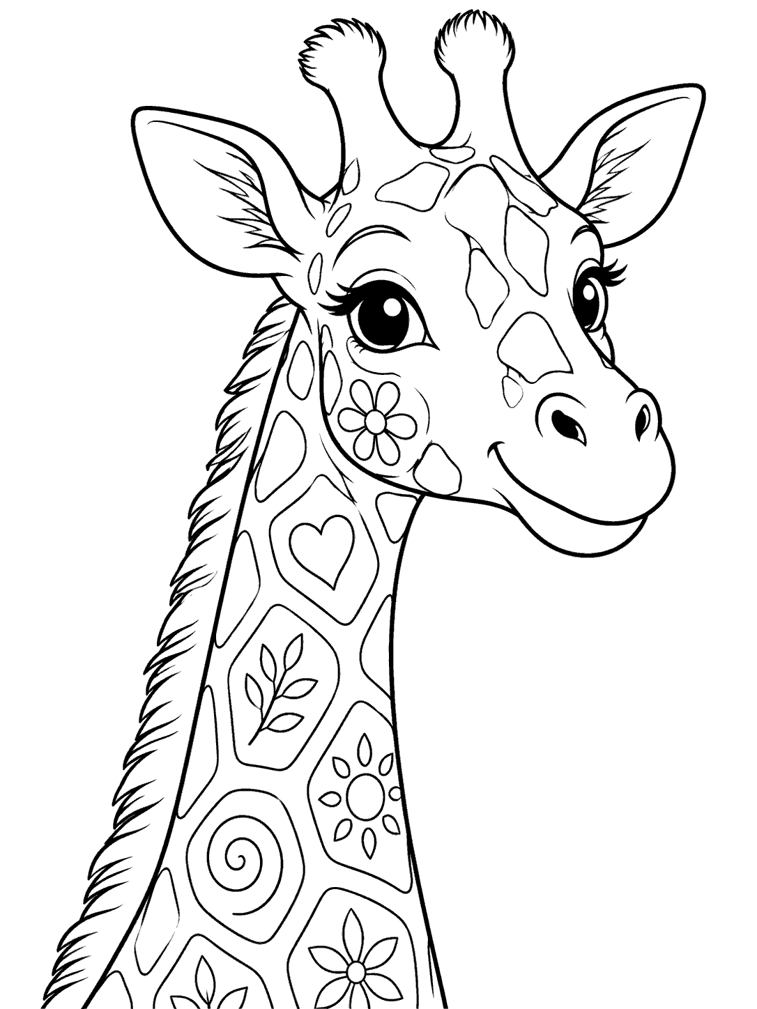 Black-and-white zentangle coloring page showing a smiling giraffe in a three-quarter bust portrait, with two ossicones, a small mane, and large patterned neck and cheek patches.