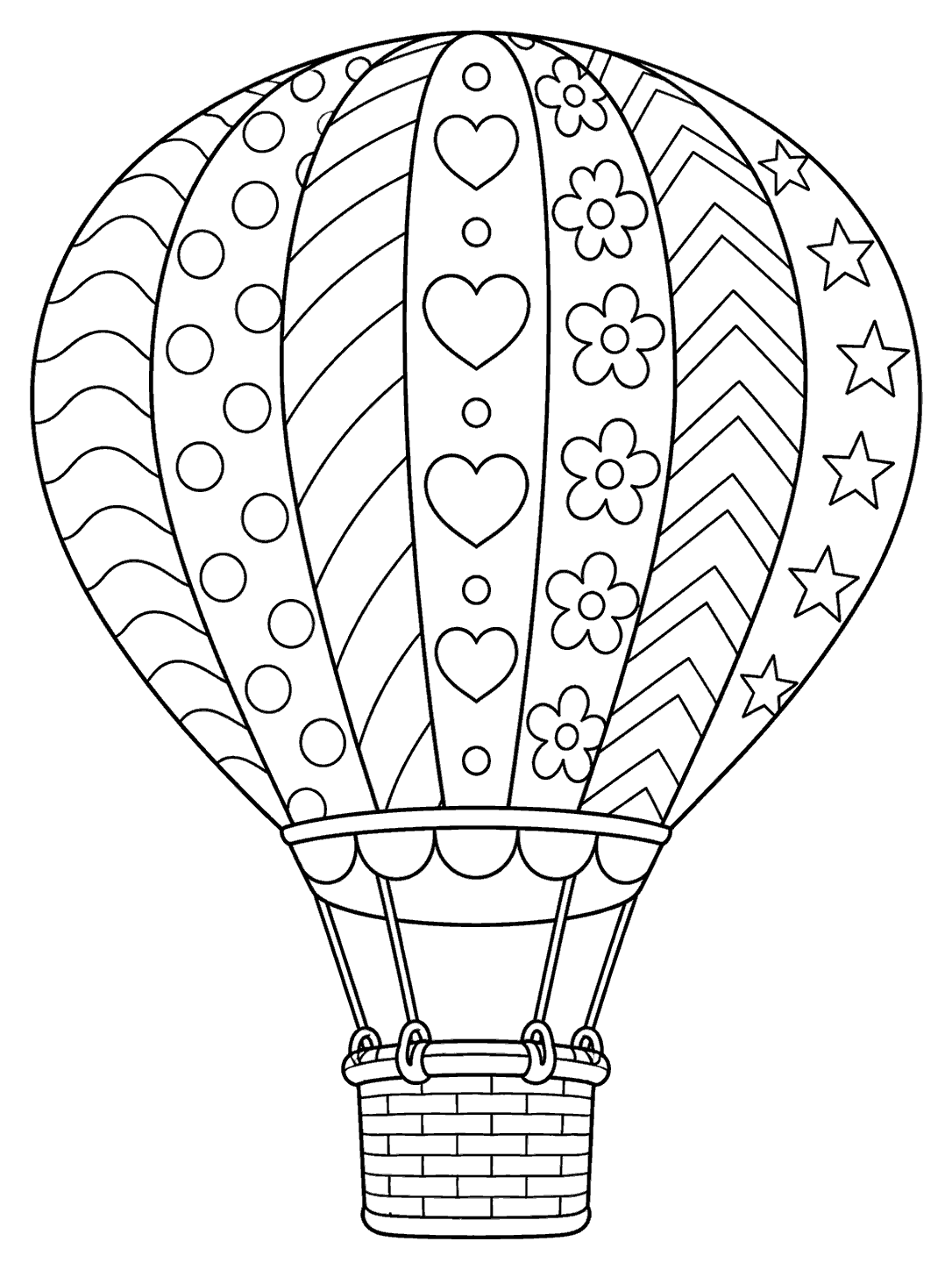 Zentangle hot air balloon coloring page with patterned panels