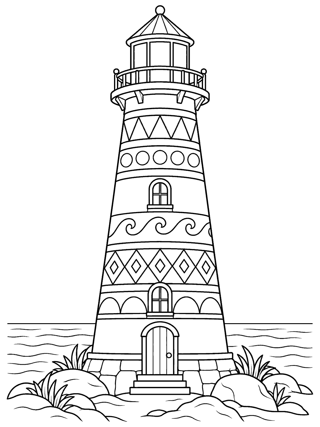 Black-and-white zentangle coloring page of a tapered coastal lighthouse with patterned bands, lantern room, doorway, and rocky shore.