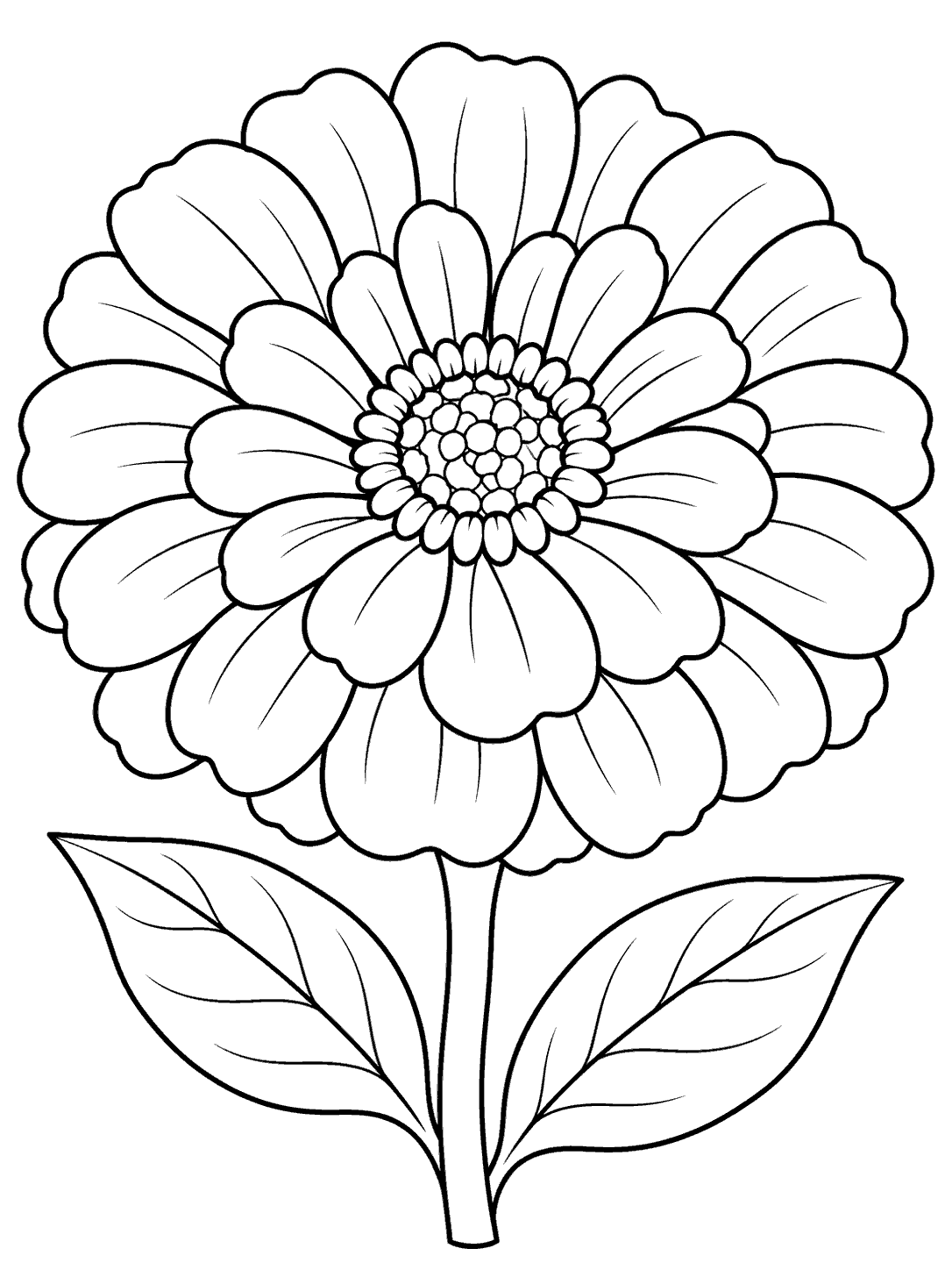 Printable black outline of a large zinnia bloom with a short stem and two leaves