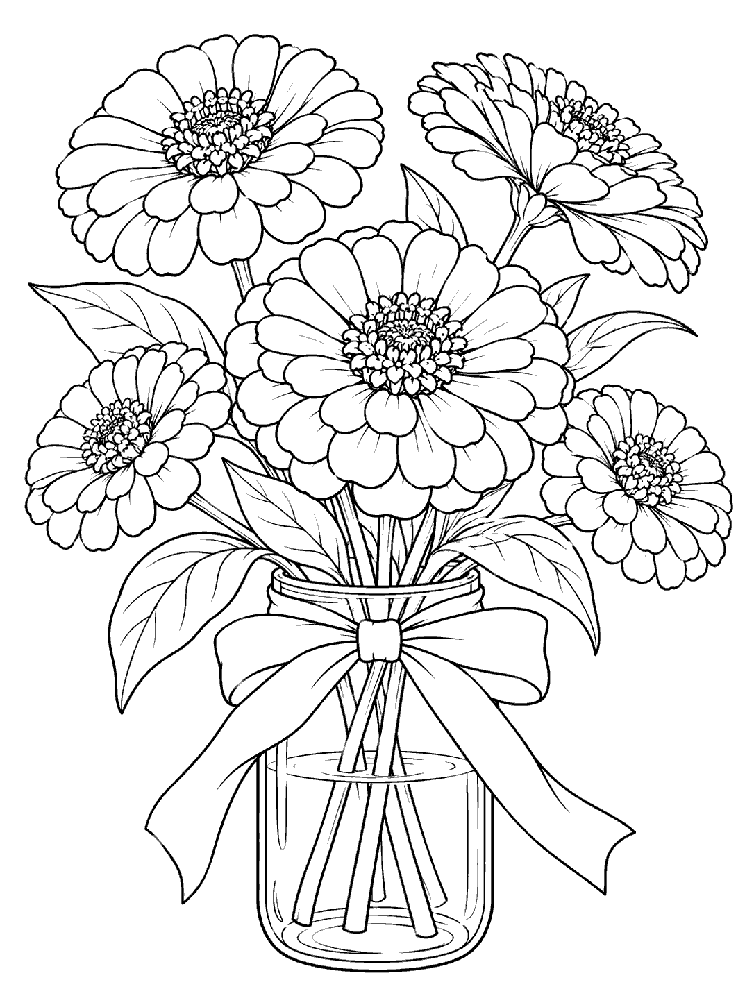 Black-and-white coloring page of five zinnias, leaves, and a tied ribbon in a glass jar.