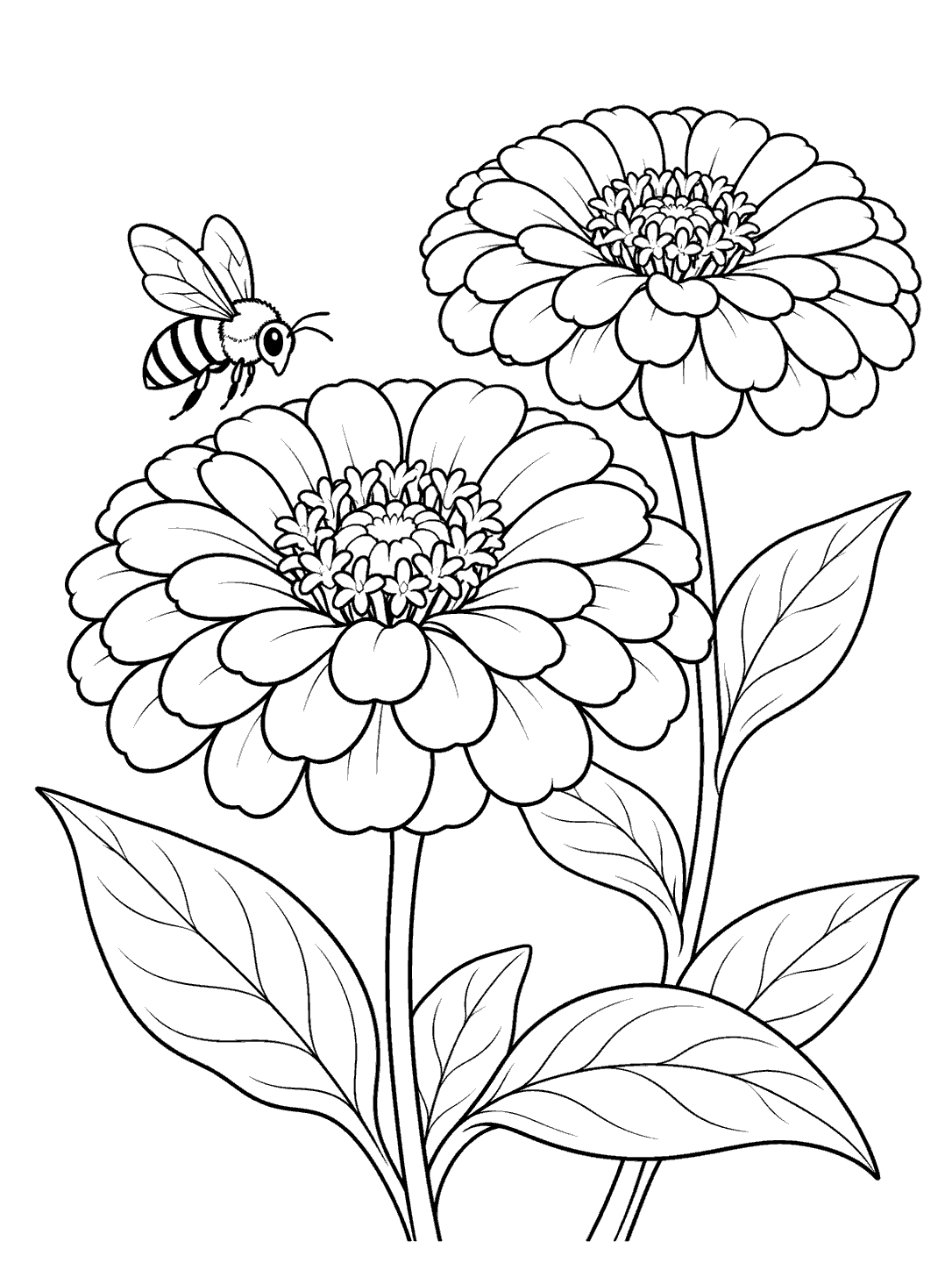 Black and white coloring page showing a small striped bee near two large zinnia blooms with leafy stems.