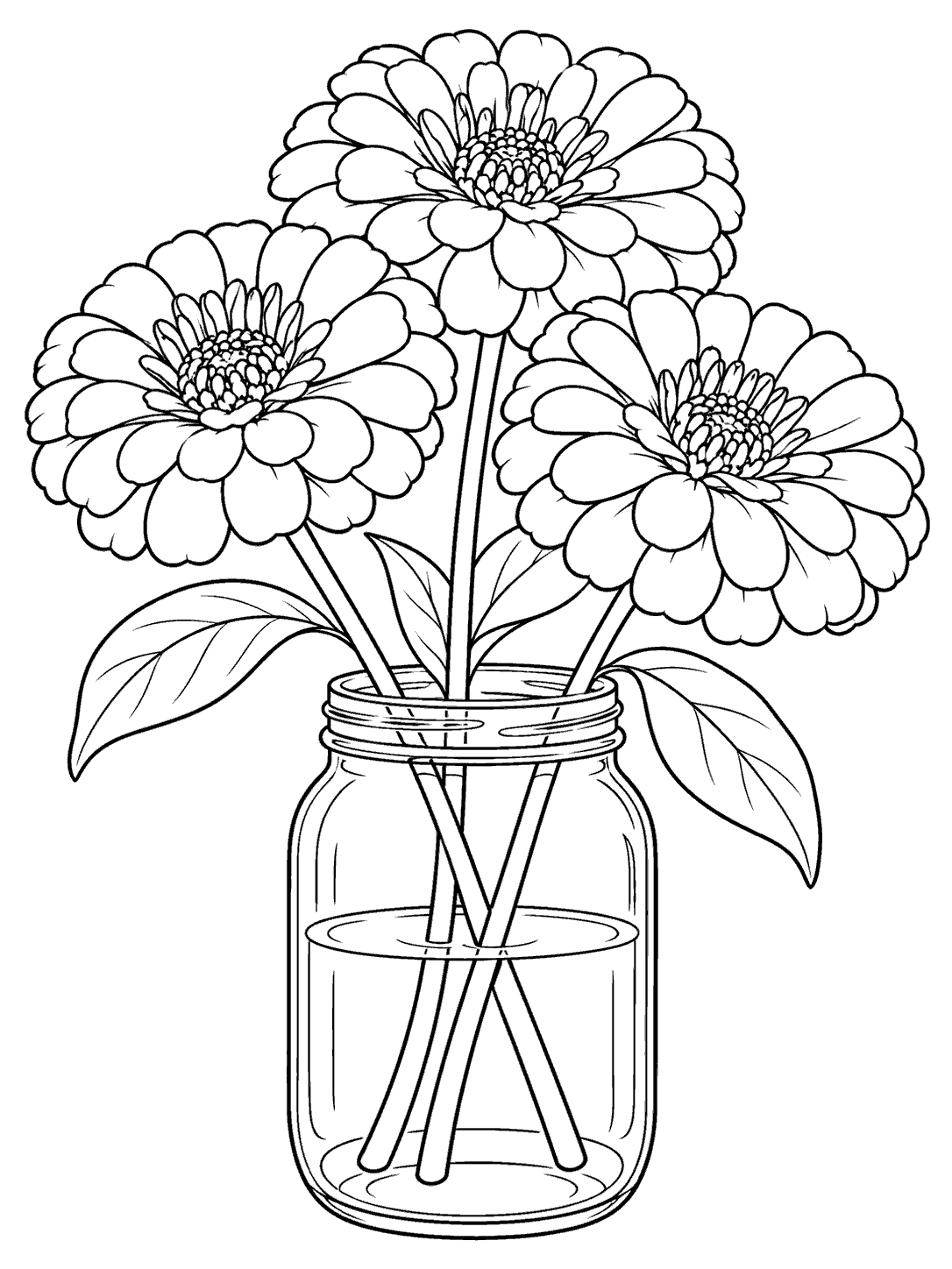 Black outline coloring page showing three large zinnias with long stems arranged in a plain mason jar, with leaves and visible stems inside the jar.