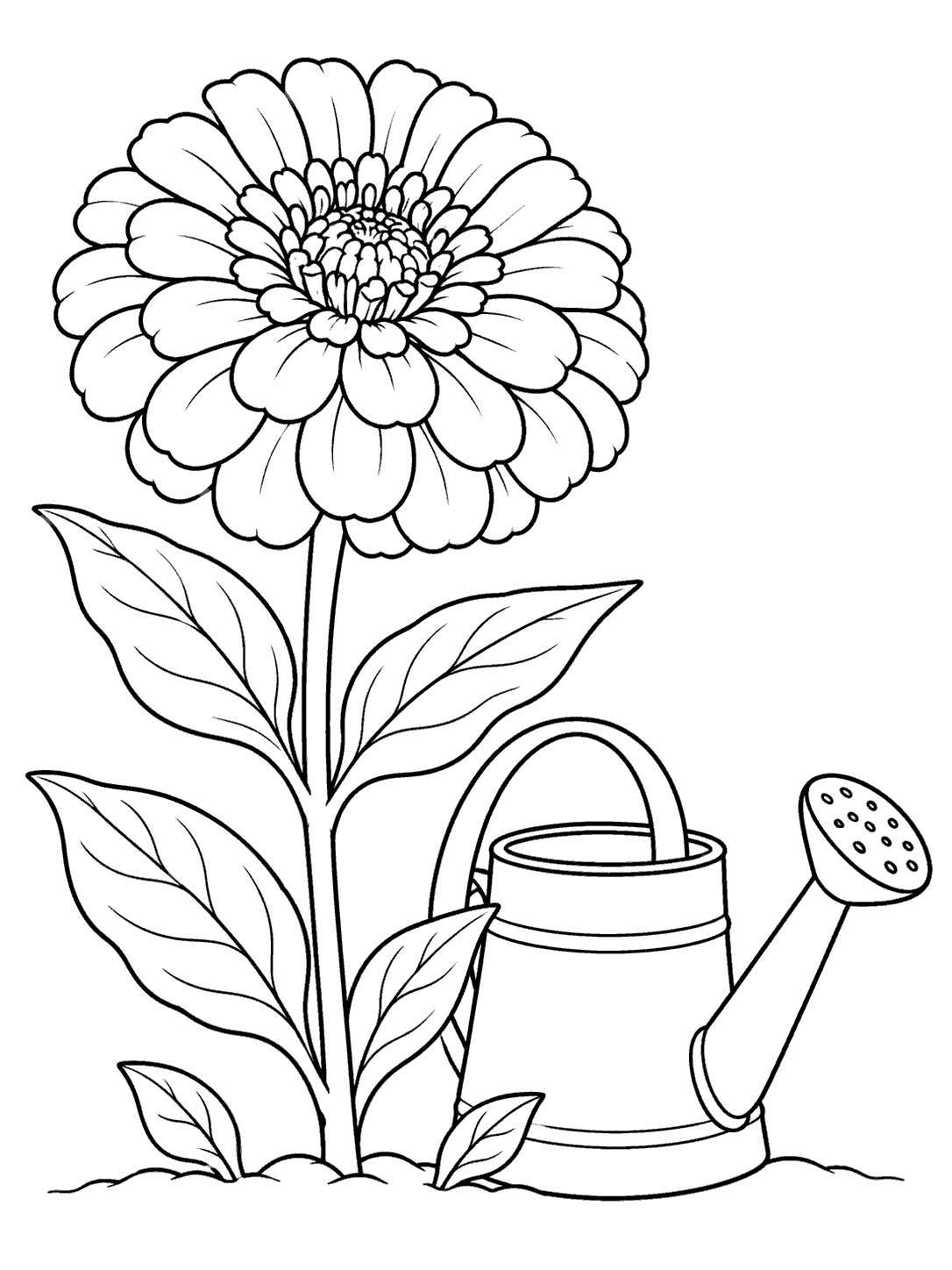 Printable black outline of a large zinnia beside a garden watering can, with leaves and a short ground line.