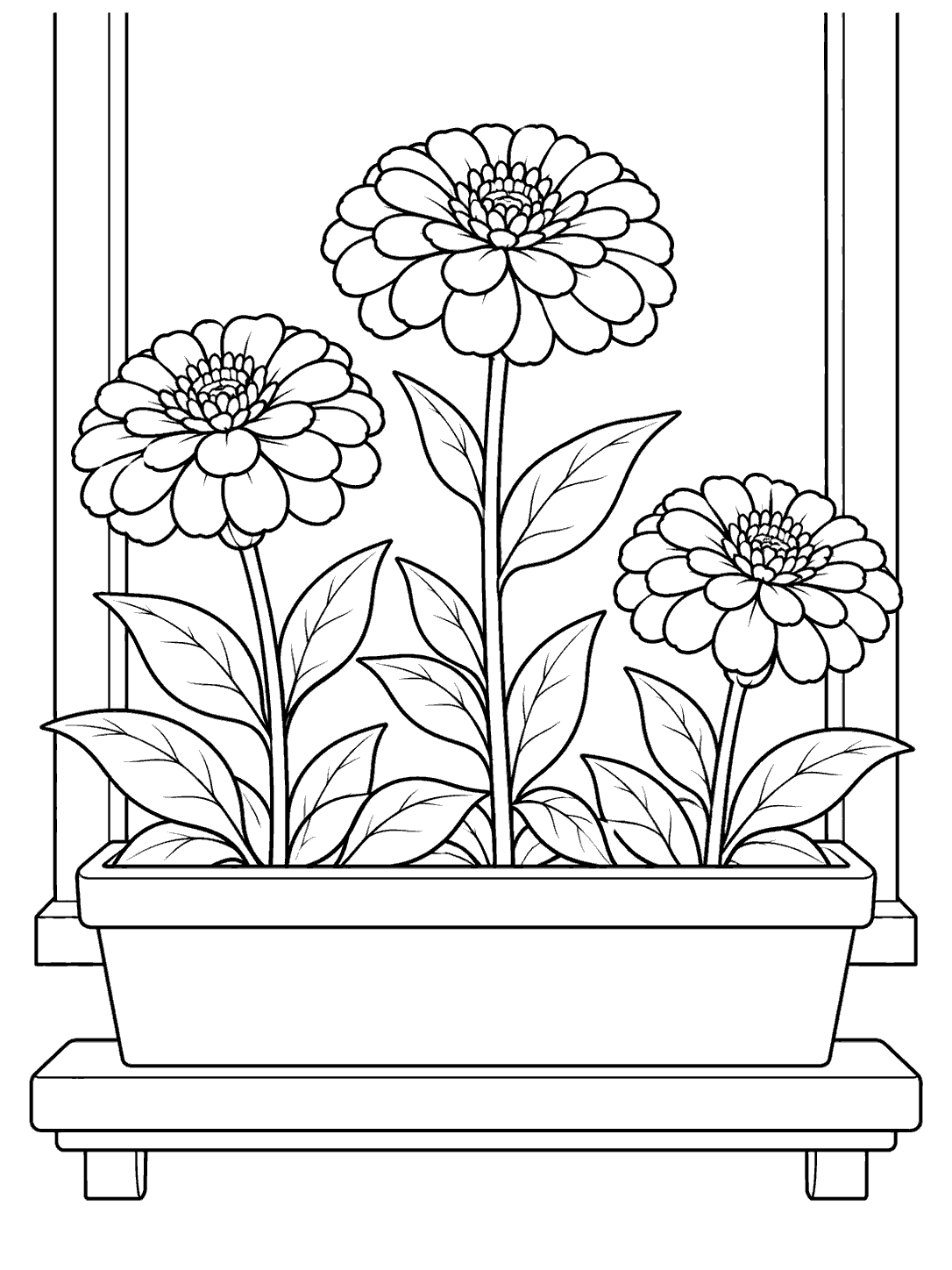 Black and white coloring page showing three zinnias of different heights growing in a window box, with a simple sill and window frame lines.