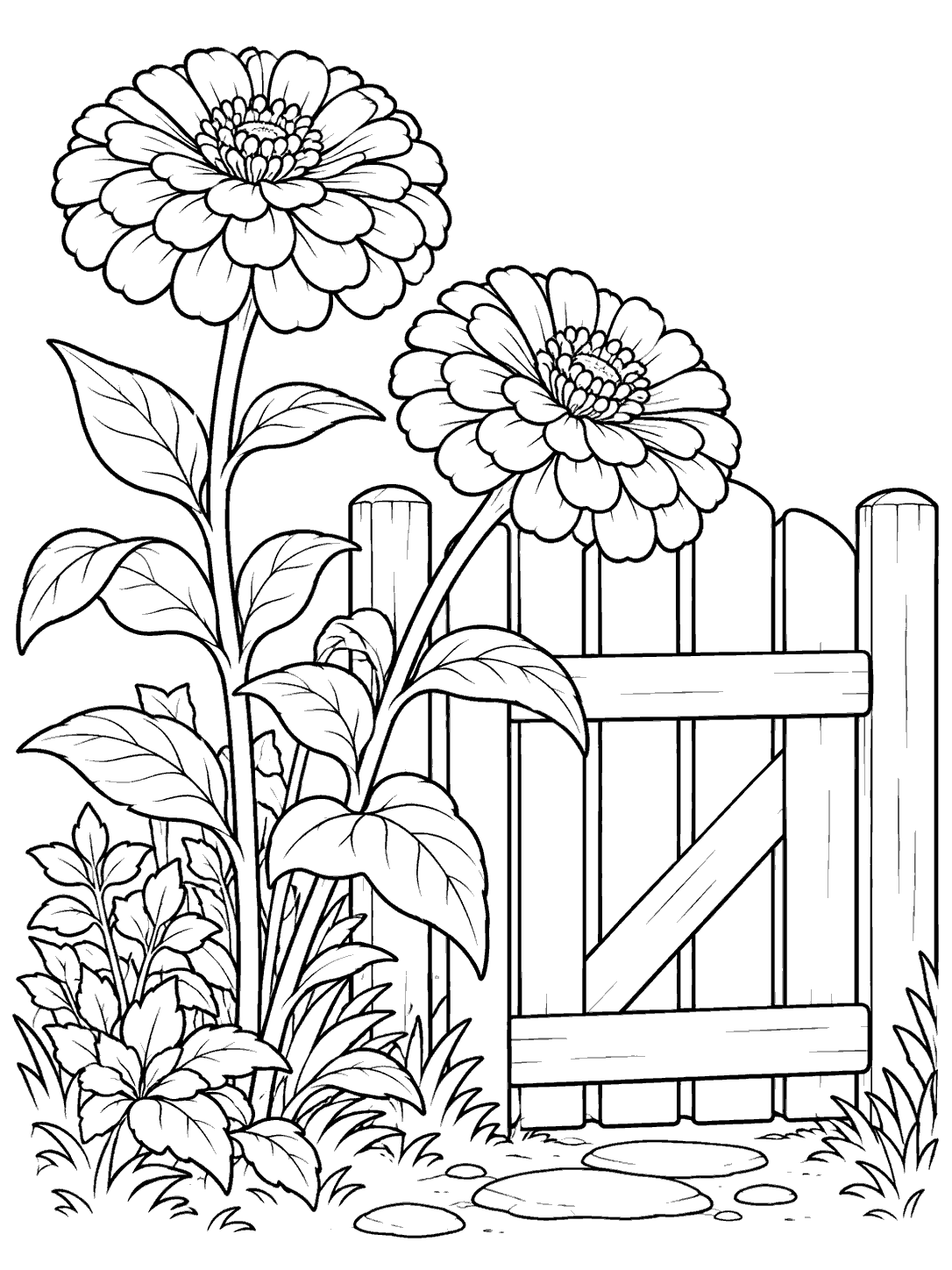 Printable black outline illustration of two zinnias, leafy stems, garden foliage, and a small slatted gate.